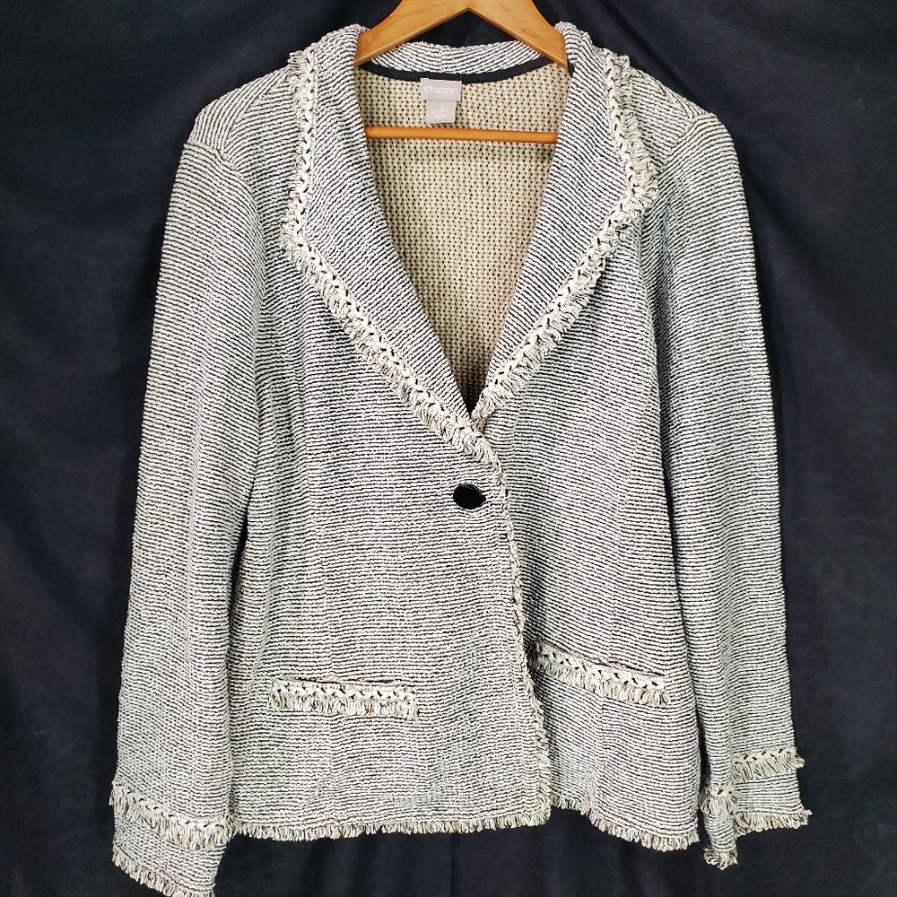 Beautiful 💞CHICO'S💞 Fringe Knit Boucle One Button Blazer EUC
